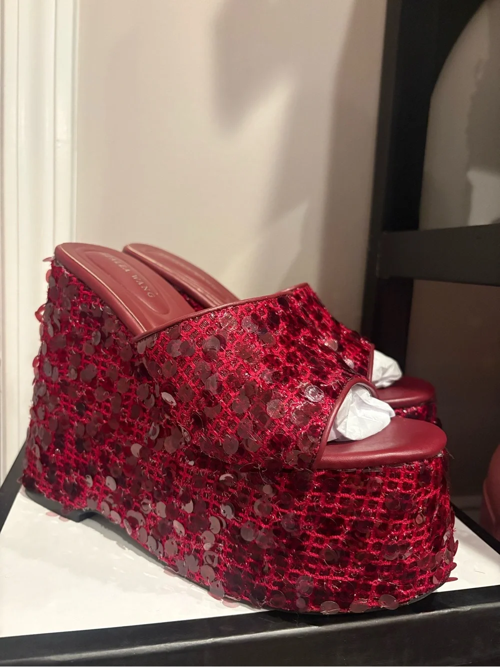 Azalea Wang Betsey Platform Sequin Wedge Sandal - Red